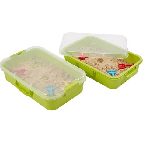 Relaxdays Bac à sable avec couvercle, lot de 2, plastique, HxLxP:8×38×25 cm, petit bac pour enfants, vert clair