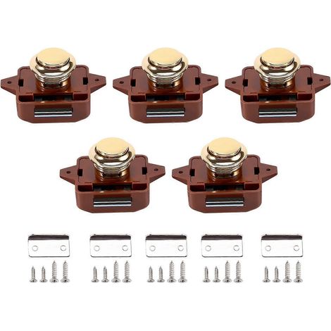 Lot de 5 verrous de porte sans clé à bouton-poussoir pour camping-car, caravane, armoire, bateau, mobil-home, marron et or (1/4)