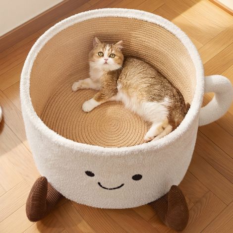 Adorable panier pour chat en forme de tasse, niche ronde et douillette avec poignée, lit en peluche douce pour chats d'intérieur.
