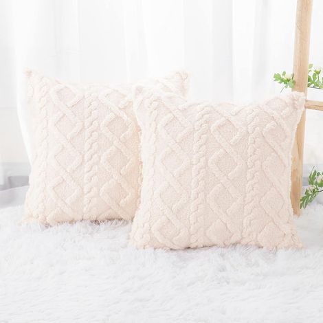 2 Pcs Doux Peluche Laine Courte Beige 45 X 45 Cm Toison Dcoratif Housses De Coussin Luxe Style Pour Canap Chambre Gomtrique