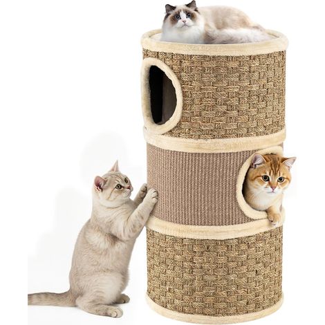 COSTWAY Tonneau Griffoir Chat à 3 Étages, Tapis à Griffer en Sisal, 3 Condos, Tour Chat avec Coussin, Corde en Algues, 3 Grandes Entrées, Passage Intérieur (36 x 36 x 70 cm,Jaune Brun) (1/5)