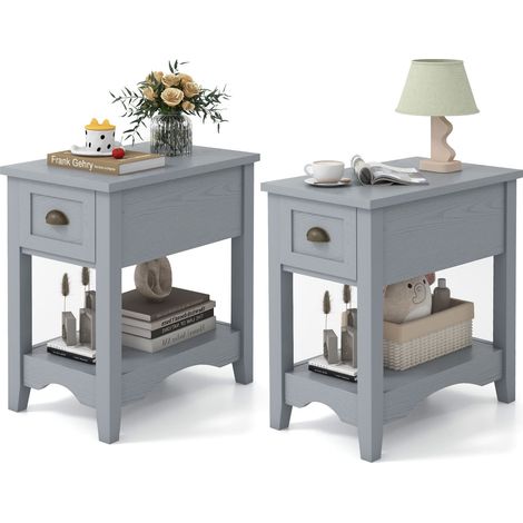 COSTWAY 2 PCS Side End Table Retro Side Table Rectangular Nightstand-Grey (1/5)