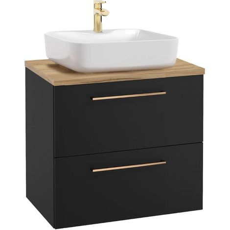 Waschtischunterschrank – Schwarz – 60 cm – Waschbeckenunterschrank – Eichenplatte mit Goldfinish