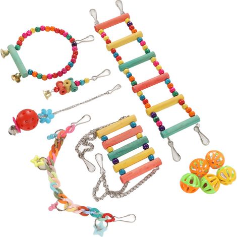 Ensemble de 11 jouets à mâcher pour perroquets, comprenant des perchoirs suspendus, un hamac et un support en bois pour cage. (1/5)