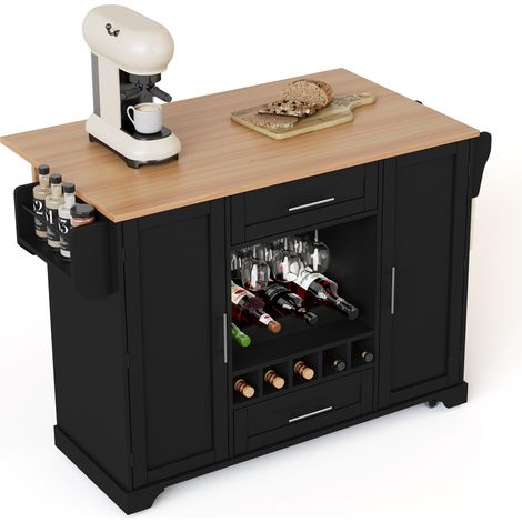 Carrello cucina 138x45x92cm, piano estensibile, ripiani regolabili, porta bottiglie e porta strofinacci, MDF nero per sala da pranzo (1/5)