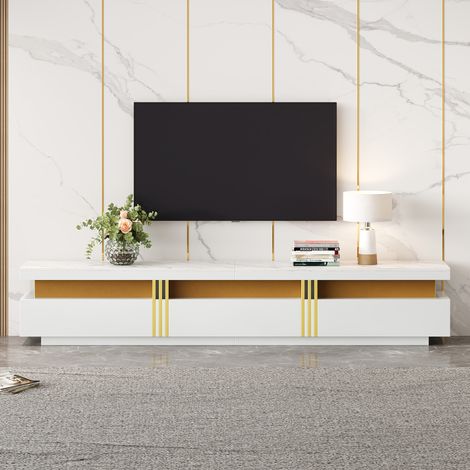 Modernluxe – Meuble TV moderne 200cm – 3 tiroirs – effet marbre blanc – support jusqu'à 90 pouces – capacité 30 kg – gestion des câbles intégrée (1/5)