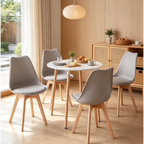 Ensemble table et chaises pour 4 personnes, table à manger ronde 80 × 80 cm, 4 chaises en plastique, simili cuir et bois, gris et blanc - CHICFURN (1/5)