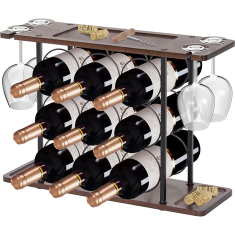 Todeco – Range bouteille vin métal noir et bois – Étagère pour 9 bouteilles et 4 verres – Installation facile – Dimensions 51x16x35cm (1/5)