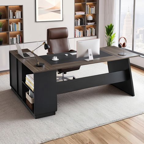 VEVOR L-förmiger Chefschreibtisch moderner Bürotisch mit Schubladen & Lagerschrank, robuster Schreibtisch aus Holz, 158,7 kg Tragkraft, Computertisch für Arbeit Studium Schreiben, Braun+Schwarz (1/5)