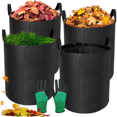 Lot de 4 Sacs à déchets de Jardin, 272 L, très résistants avec poignées, Étanche, Gants Autonome 4 poignées Stable Robuste Pliable, Sacs de Jardin réutilisables (1/5)