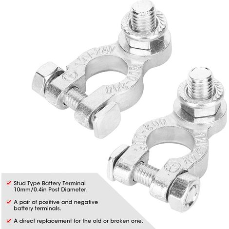Paire de bornes universelles 12/24V pour batterie voiture, type à plots 10mm/0.4in, câble positif et négatif (1/5)