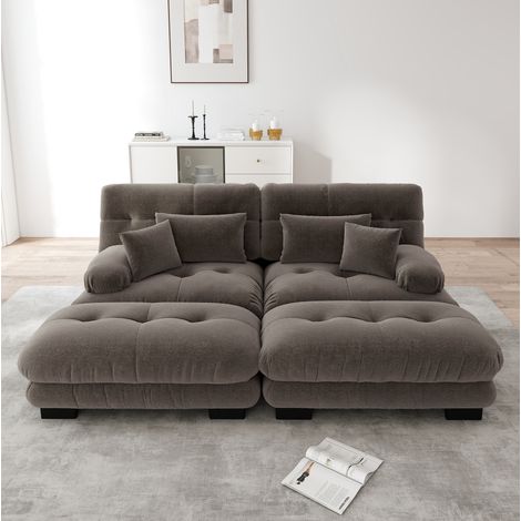 Sofá modular esquinero marrón en chenilla con otomanas móviles y cojines lumbares (1/5)