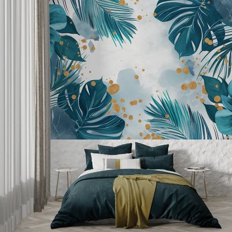 Papier Peint Tropical - Fleurs et Feuilles Dorées - 150 x 250 cm (1/2)