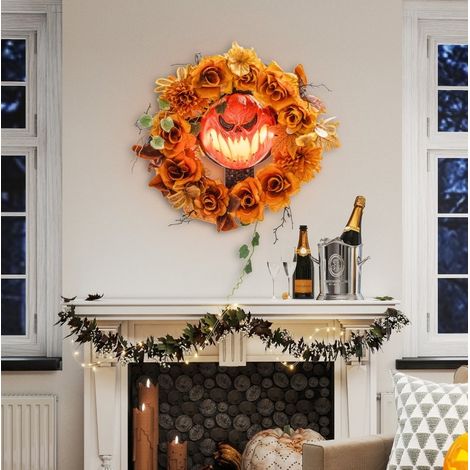 Leuchtender Halloween-Kürbiskranz, 44 x 9 x 44 cm, Stahl und Polyester, Orange (1/5)