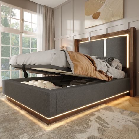 Cama juvenil tapizada (209x106x110 cm), con LED, almacenamiento hidráulico, listones, tejido de lino gris y nogal (1/5)