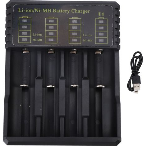 Ortviai Chargeur de Piles USB Intelligent 4 Emplacements pour Li-ion et Ni-MH/Ni-Cd – 26650, 18650, AA, AAA, C