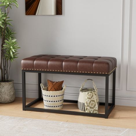 Panca imbottita vintage da 91 cm con seduta in similpelle trapuntata a bottoni, struttura in metallo in stile industriale, ideale per ingresso, camera da letto, soggiorno o ai piedi del letto (marrone (1/5)