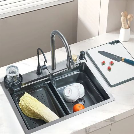 Évier de cuisine cascade en acier inoxydable 304, 60x45 cm, avec robinetterie intégrée comprenant distributeur de savon filtre eau porte-gobelet (1/5)
