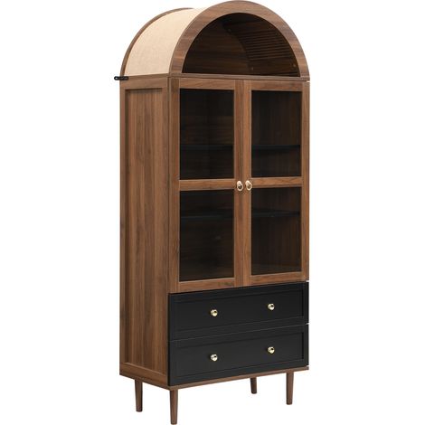 Buffet en MDF Noyer avec étagères réglables et porte en verre incurvée, Style rétro moderne (1/5)