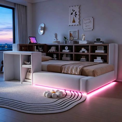 Lit capitonné 90x200 cm, gris clair, tête de lit lumineuse avec prises USB, rangements multi-niveaux, chevet intégré, dossier rembourré, éclairage LED moderne. (1/5)