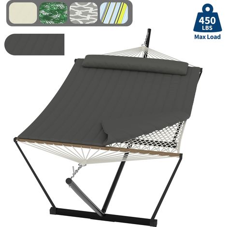 Hamac double 2 personnes – support acier réglable, coussin, toile résistante – Gris – jardin, terrasse, plage