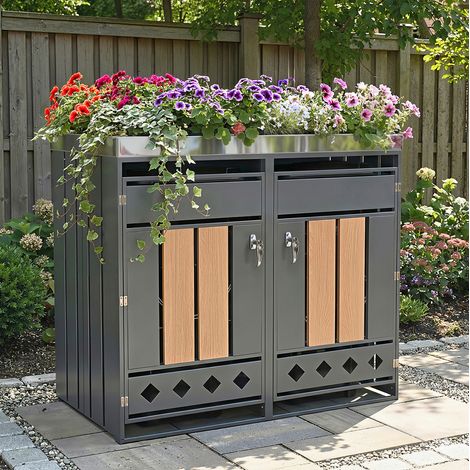 Caseta doble para cubos de basura con jardinera, acero galvanizado, gris HAVRYA (1/5)