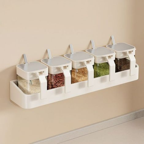 Boîte à épices murale en inox avec 5 jarres – Porte-épices compact, design moderne, rangement optimisé, 398.75 cm blanc crème (1/4)