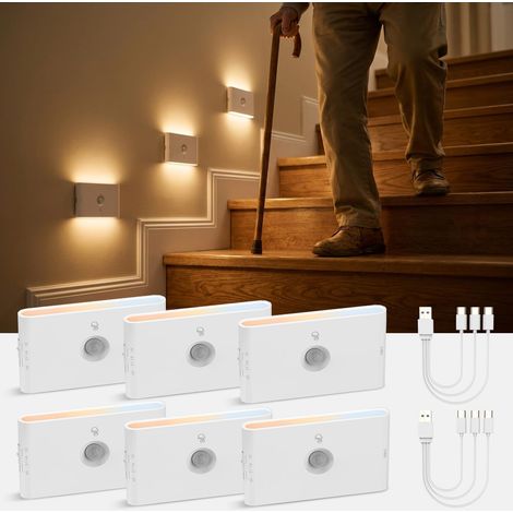 Lampe Detecteur de Mouvement Veilleuse LED Rechargeable USB Lot de 6 Lumiere Automatique Réglable Batterie Blanc Chaud/Naturel/Froid Éclairage Capteur Crépuscule pour Couloir, Escalier, Toilette (1/5)