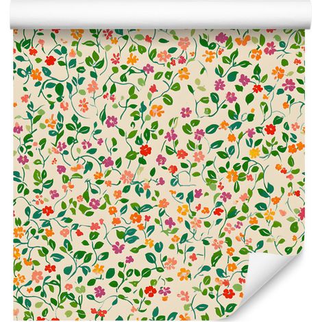 Tapete mit kleinen Blumen, cremefarben, beige, limettengrün und grün, 50 x 1000 cm (1/5)