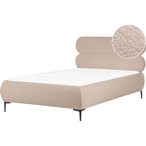 Cama con somier clásica minimalista de bouclé 120 x 200 cm con cabecero patas de metal negras dormitorio gris pardo Lessay (1/5)
