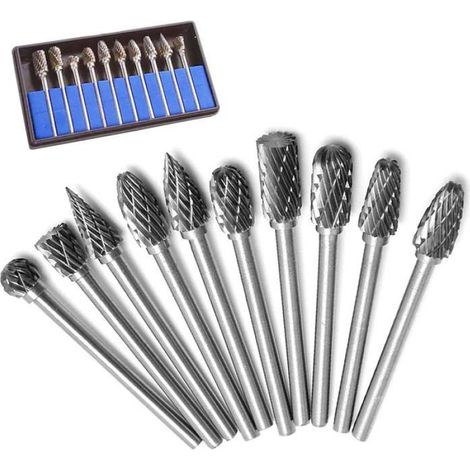 10Pcs Fraises rotatives, double coupe, tige 1/8", carbure de tungstène, gravure métal (1/4)