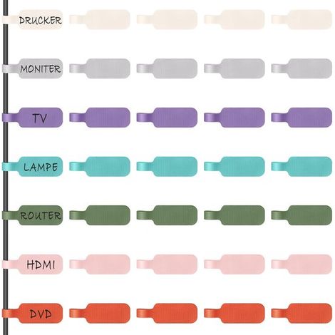 35 etichette per cavi di grande formato, versatili, riutilizzabili e scrivibili in vari colori, per organizzare i cavi in modo ordinato e renderli facilmente identificabili. (1/5)