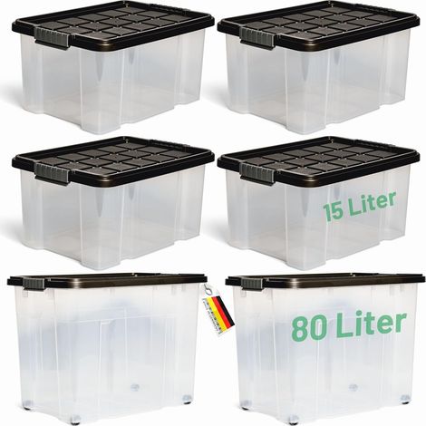Novaliv Lot de 5 boîtes de rangement avec couvercle, anthracite, 1x80 L + 4x 15 L, emboîtables, empilables, fermeture à clip, boîtes à roulettes