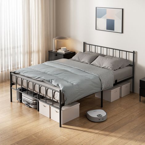 Cadre de lit en métal 140x200 cm, lit double, cadre avec tête de lit et rangement 32cm, 14 lattes sommier métalliques, 9 pieds, Noir