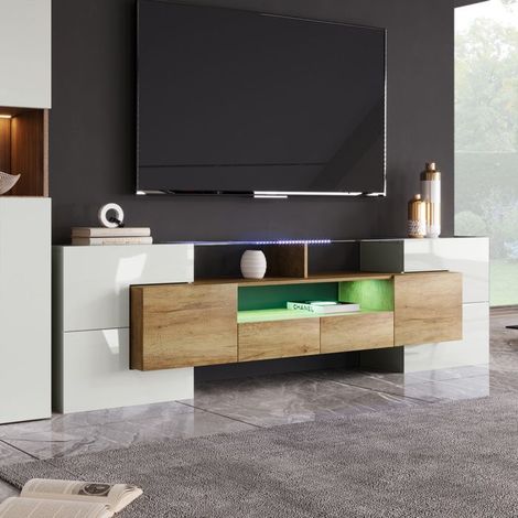 Mueble de TV blanco brillante, mueble de TV bajo, con iluminación LED, 6 puertas, 2 cajones, mueble de salón, 200 x 35 x 60 cm