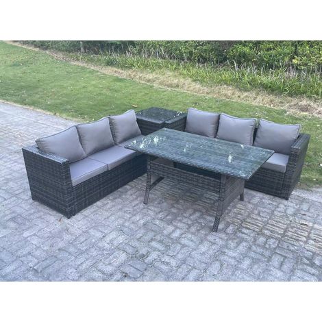 Fimous Polyrattan Gartenmöbel Set Terrassen Rattan Rechteckiger Esstisch Lounge Sofa mit Beistelltisch 6 Sitzer Dunkelgrau gemischt (1/5)