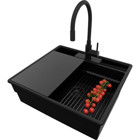 PRIMAGRAN Evier Cuisine en Granit 58x53cm,Lavabo 1 bac + Robinet 40x38cm + Kit de Vidage + Accessoires, Évier à Encastrer au meuble 60cm - New York, Tout Noir (1/5)