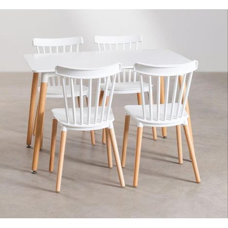 ORION91 Conjunto ALCIONE Mesa Rectangular (120x80x75 cm) + 4 Sillas Color Blanco Patas Haya (83x48x52,5 cm) Comedor Oficina Salón Teletrabajo Cocina - SpazioLuzio - Unidad (1/5)