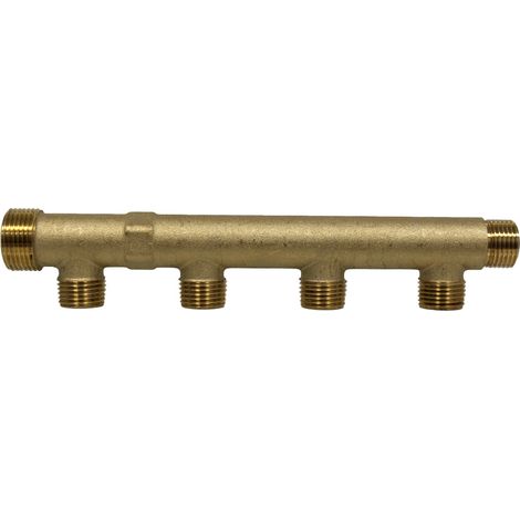 Arcanaute – Nourrice sanitaire matricé 4 sorties 1/2" – Entraxe 50mm – Arrivée Mâle 3/4" et Femelle 1/2" – Laiton CW617N