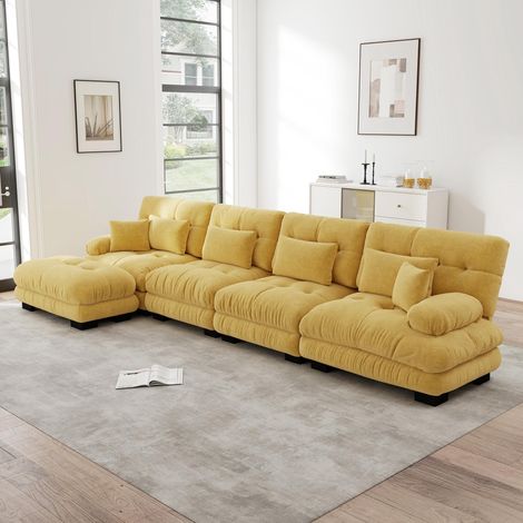 Canapé d'angle modulable, ensemble de salon en forme de L, canapé quatre places confortable type nuage avec pouf amovible, à monter soi-même, jaune (1/5)