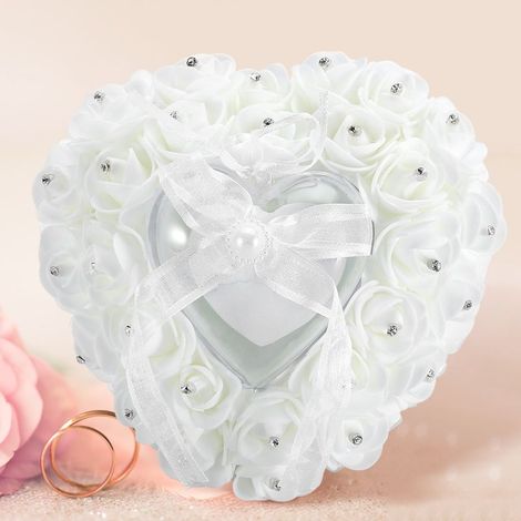 Boîte à alliances romantique en forme de cœur, décorée de strass roses, coussin pour alliances (blanc) (1/5)
