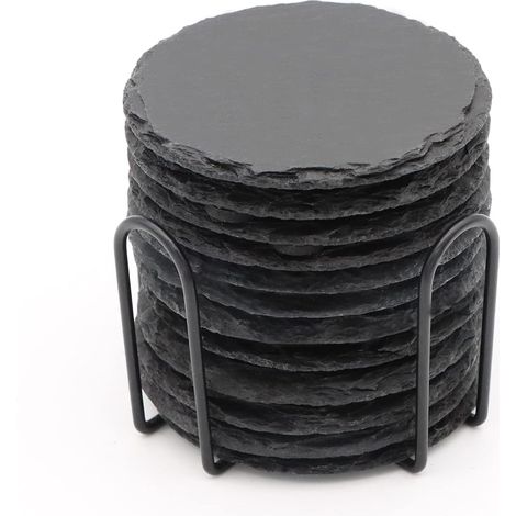 Ensemble de 12 sous-verres ronds en ardoise, 10 cm de diamètre, en pierre noire, avec base et support résistants aux rayures. (1/5)