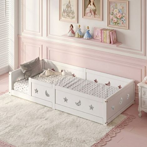 ADWOLT Lit au sol 90x200 cm,Lit enfant avec barrières de sécurité, lit simple, motif étoiles et lune,sommier à lattes,MDF, blanc