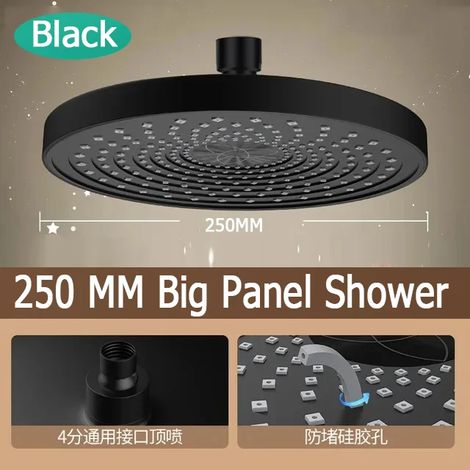(Douche à panneau noir) Ensemble de douche à grand débit et panneau large de 25 cm (10 pouces) fixé au plafond, pommeau de douche haute pression à effet pluie en ABS, 3 modes. (1/5)