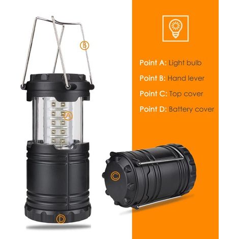 Linterna para tienda de campaña con 30 LED，resistente al agua，funciona con 3 pilas AA，luz de trabajo y linterna de mano (negra) (1/5)