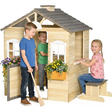 Casetta Bimbi 3-7 Anni a 2 Finestre con Portavasi e Panchina, di Abete e PP, 113Lx94x134.5 cm (1/5)