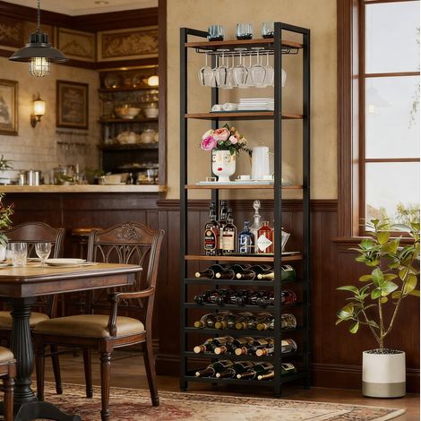 Estantería para vino industrial con colgador de copas, 4 baldas, 45 x 35 x 180 cm HAVRYA (1/5)