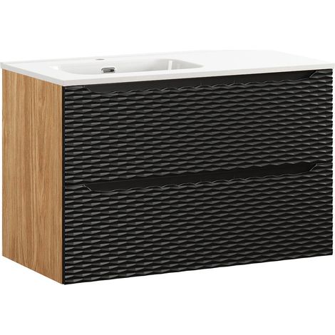 Mueble lavabo individual encastrado lado izquierdo 90cm Elora Negro y madera (1/4)