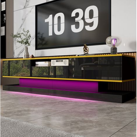 Meuble tv rangement 180 cm noir brillant LED 3 tiroirs OKMYHOME (1/5)