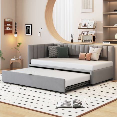 Sofa cama 90x200 cm gris tapizado en terciopelo con cama nido extraible (1/5)